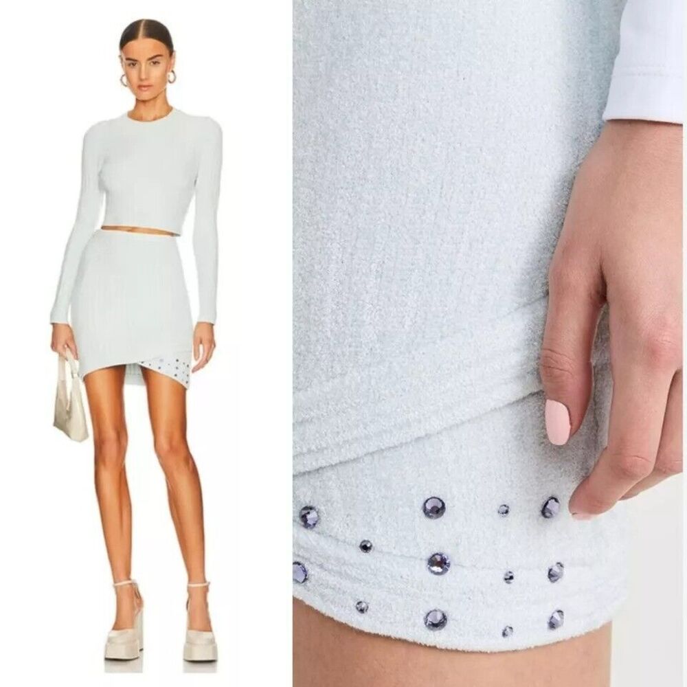 NEW JoosTricot Chenille Cheer Mini Skirt Light Blue Rhinestone S Terrycloth